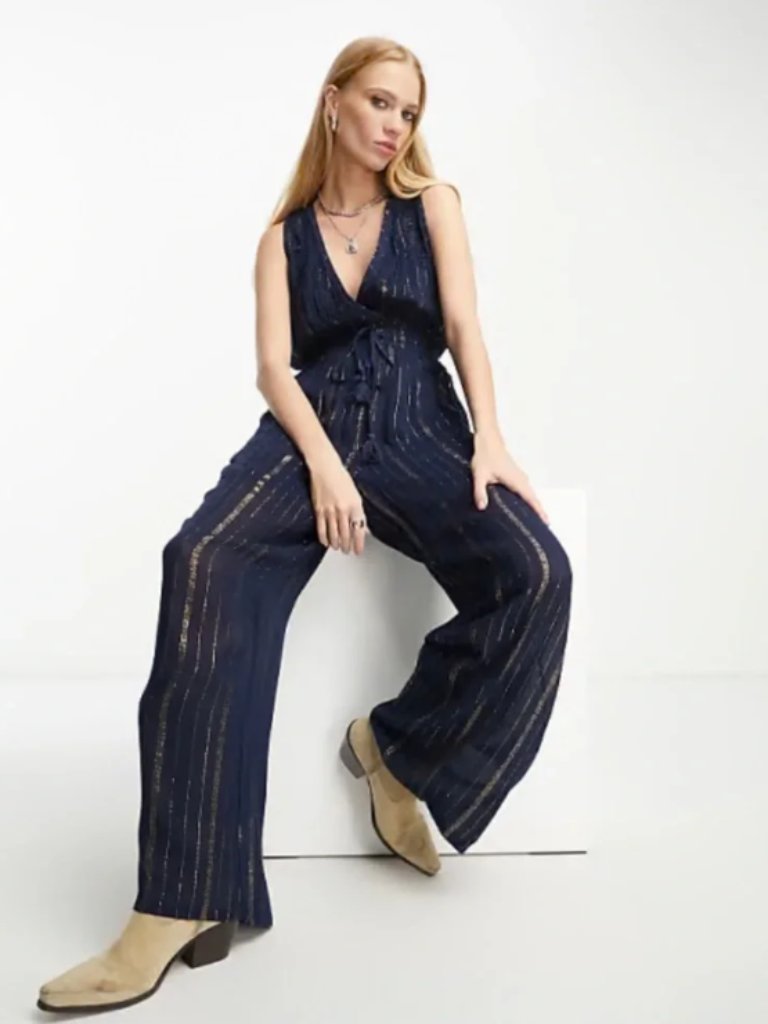 Raga Navy Jumpsuit With Gold Metallic Stripes